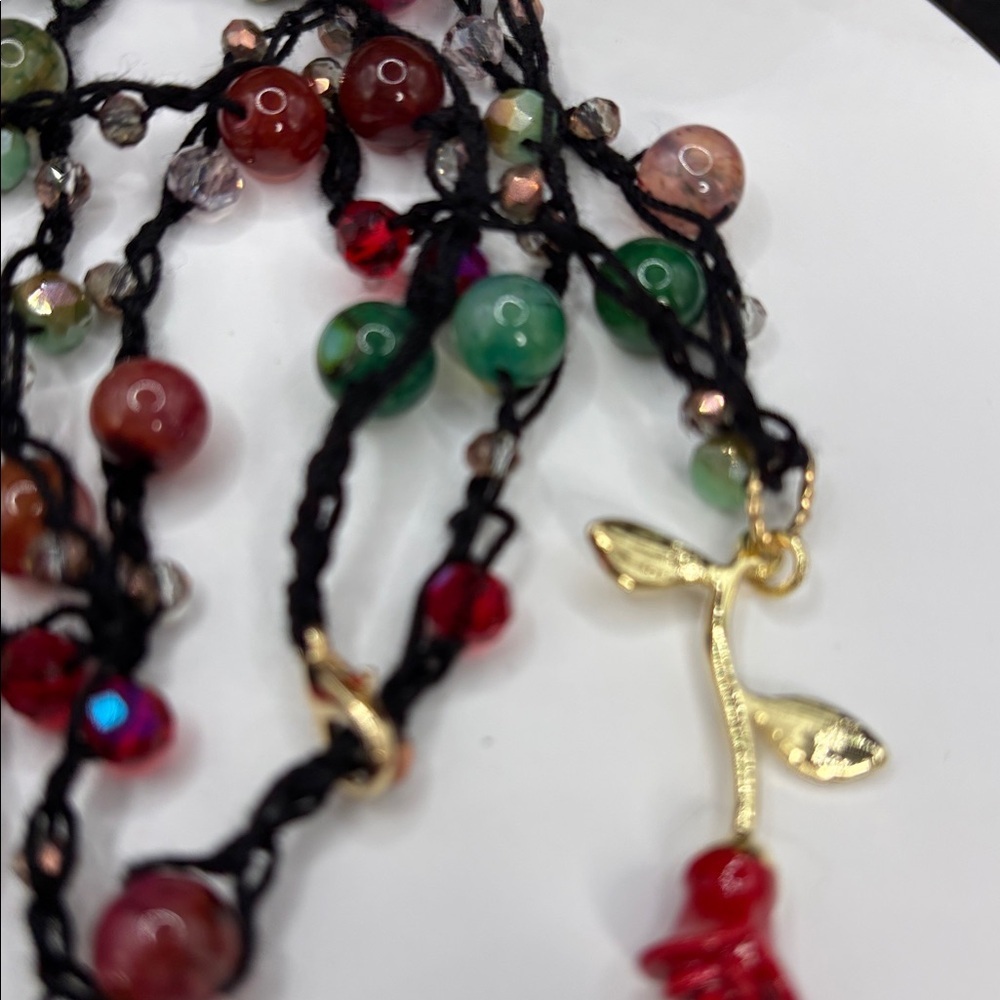 Handmade Rose Pendant Crochet Necklace | Dyed Agate & Glass Beads Adjustable 20” - Picture 8 of 8
